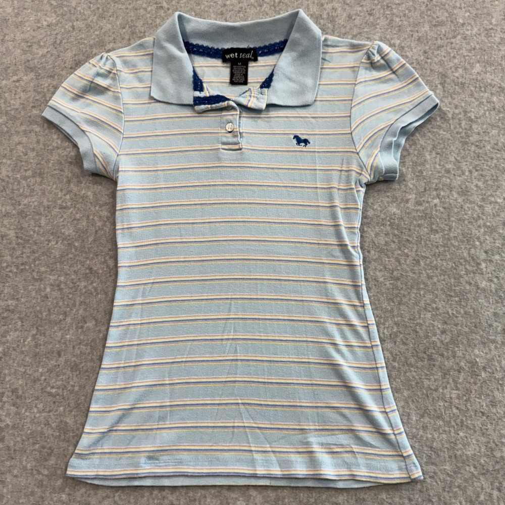 Wet Seal Womens Blue Striped Lace Trim Polo Shirt Horse Logo Size SY2K Preppy